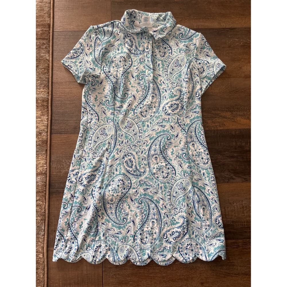 Sigrid Olsen Golf Tennis Dress Blue Paisley Scalloped Hem Short Sleeve Small